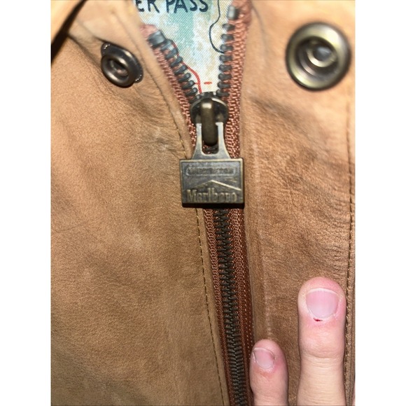 Vintage 90s Marlboro Brown Leather Bomber Jacket With Map Lining Design Men's L - Picture 6 of 11